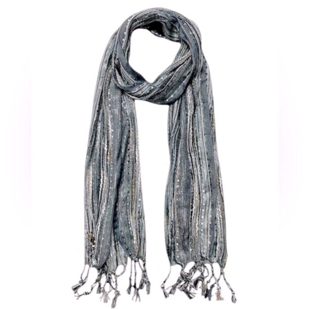 NWT FRANGI Design Italy Blue Striped Silver Metallic Semi Sheer Scarf